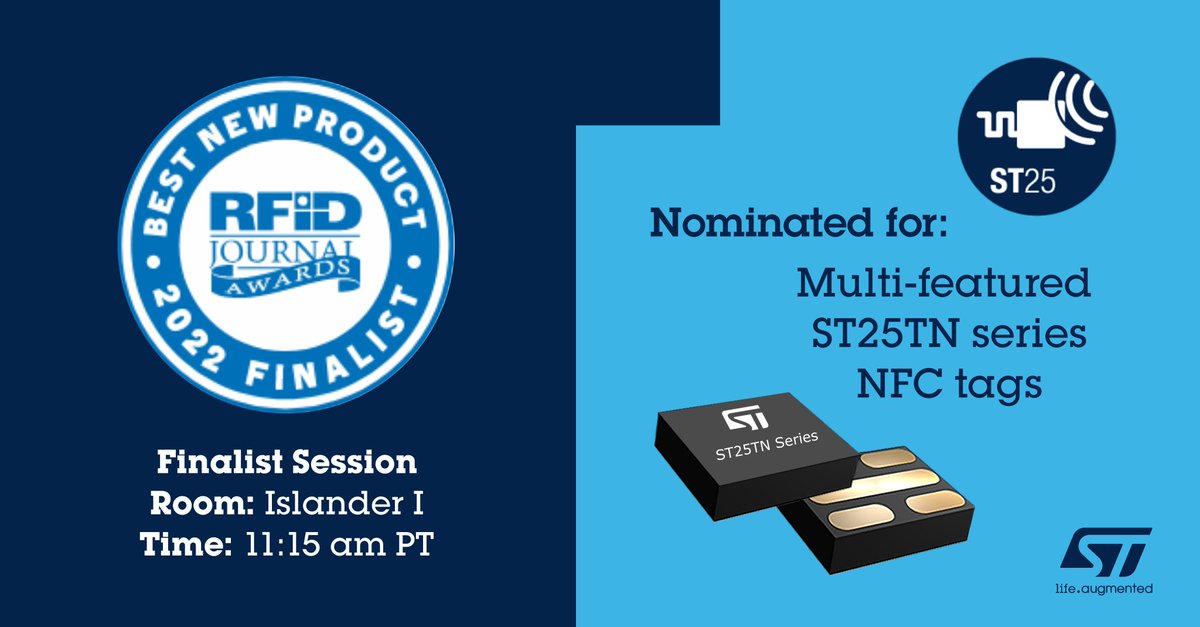 ST_World's tweet photo. ST is a finalist for the Best New Product award this year at #RFIDJournalLIVE2022! Head to the Islander I room in an hour to hear Jim Barlow give a short presentation on our ST25TN series #NFC tags before they announce the winner. https://t.co/QpWDfUsY1A #RFID2022 #ST25 https://t.co/IDzkdeObE6