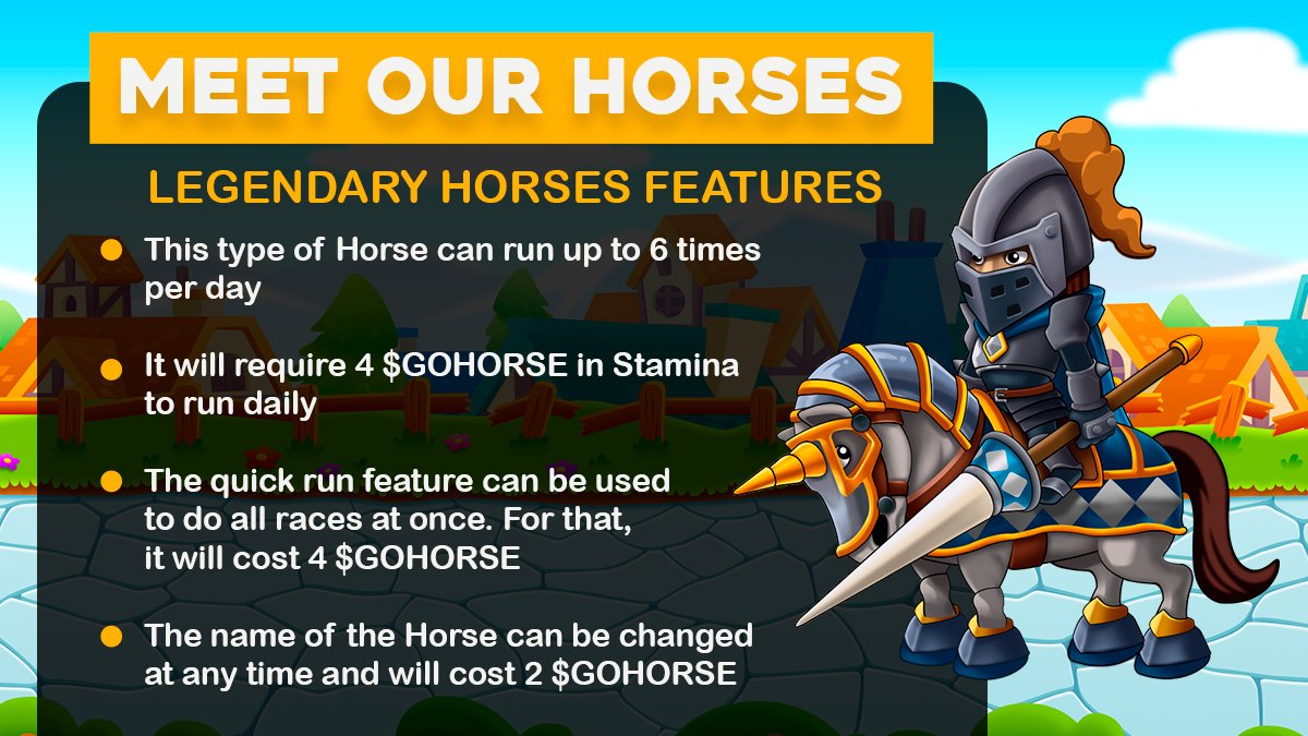 GoHorseRun's tweet photo. Knights, legendary horses are the Elite Militar Force of each Realm. Their abilities are increased compared to Epic horses as they have more stamina, are faster and stronger in battles. Here are some features of these Horses. https://t.co/7t8msMy2yp