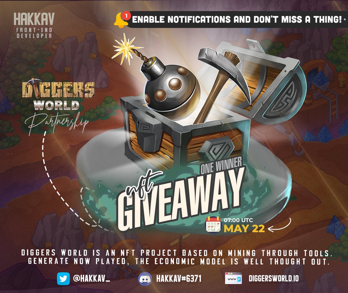 NFT GIVEAWAY: DiggersWorld🎉
1️⃣Follow <a href="/hakkav_/">Hakkav</a>&amp; @diggers_world
2️⃣Like, retweet and comment tagging +3 friends.
3️⃣Join discord.gg/n4WxyTNTBA
🗓️Ends 22/05 07:00 UTC

Participate now, good luck!🦁#NFTCommunity #NFTGiveaway #WAXP #NFTProjects #NFTdrop #NFTcollectors #SolanaNFT