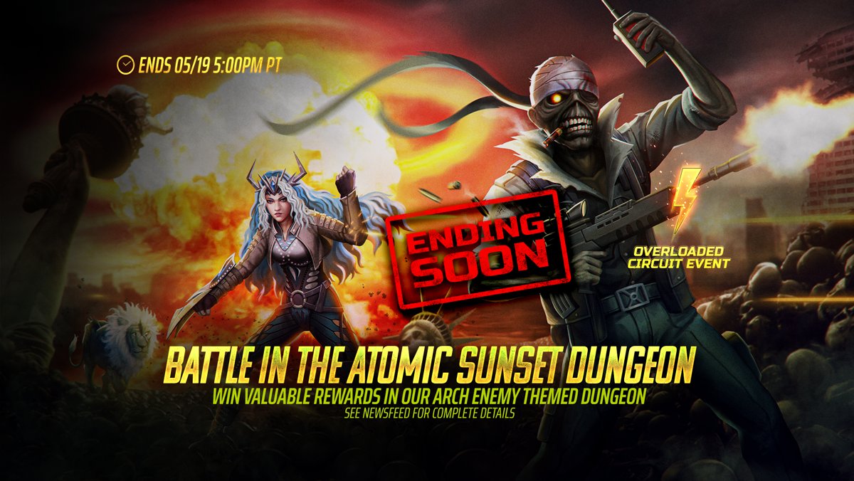 Only hours remain in our Atomic Sunset event!

The dungeon may be closing soon, but you can still collect #QueenBeast from the Calendar rewards in game as part of our collaboration with @archenemymetal!

#partofthelegacy
#ironmaiden 
#mobilegames  
#SunsetOverTheEmpire
#Deceivers