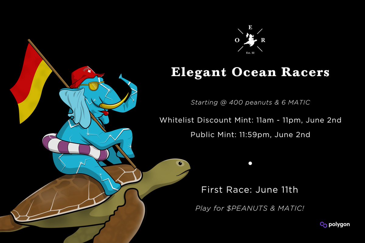 oceanracinggame's tweet image. Community built 🛠 for Community fun 🤝

@ElegantRacers is here to provide a fun, accessible entry into the @EESocietyNFT universe🐘

Join in on the #NFTgaming fun &amp;amp; race with other community members for Peanuts 🥜 &amp;amp; $MATIC 🧬

100 RTs to see more 👀

#PolygonNFTs #Nfts #P2E