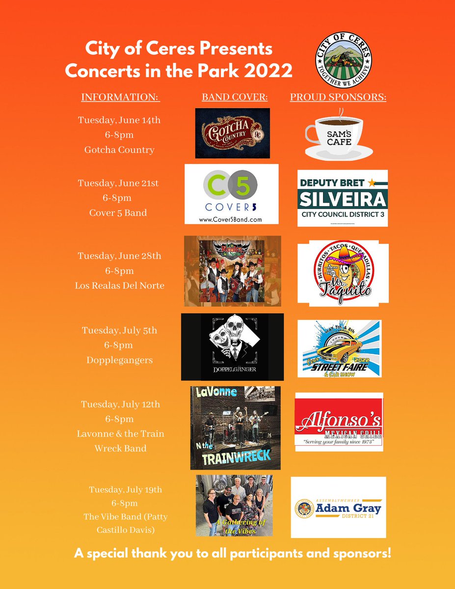 The City of Ceres, Concerts in the Park, has returned with fabulous entertainment.  Enjoy a wonderful evening of free music and fine weather with your family and friends at Whitmore Park.  Refer to the Flyer for dates and times.