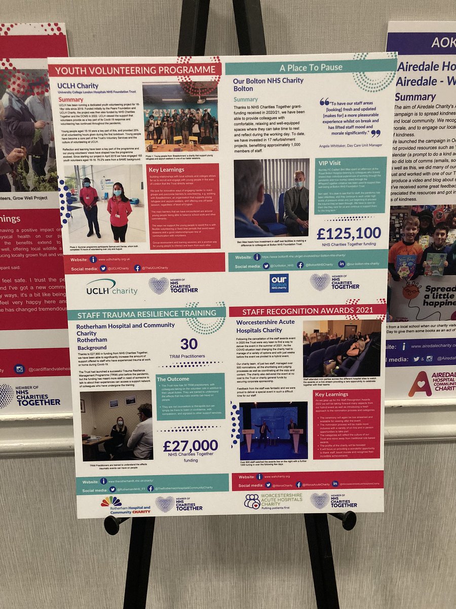 Fab to see @OurBolton_NHS ‘A Place to Pause’ case study proudly displayed on the wall of achievement at the #NHSCharitiesConference. Thanks again to @NHSCharities for the grant funding, @ifmbolton for overseeing the work and @Ben6Mee for visiting colleagues at @boltonnhsft 💙