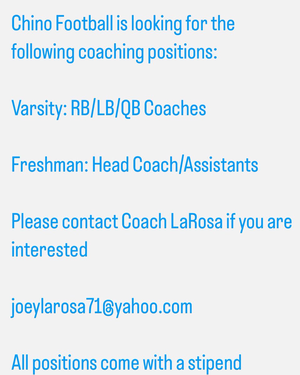 ChinoFBCowboys's tweet photo. Coaches Wanted!! https://t.co/uTDaDgQ4Gy