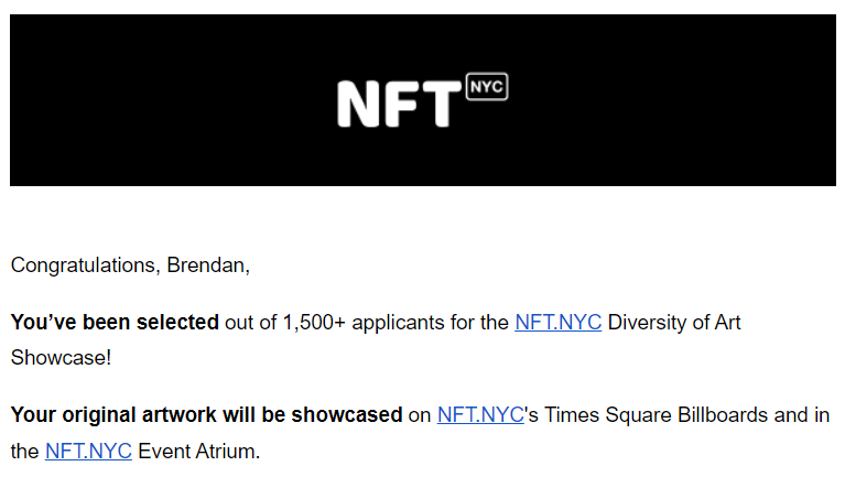 FWD_BTC's tweet photo. 🚨Looks whose Art is coming to Time Square!🚨
1,500+ artist registered for the Diversity of Art Showcase at @NFT_NYC of those 166 were selected to display their art during NFT NYC on their Times Square Billboard and in the NFT NYC atrium. 🔥🚀 https://t.co/s0mzSOAmKq #NFT https://t.co/kClmydwwSb