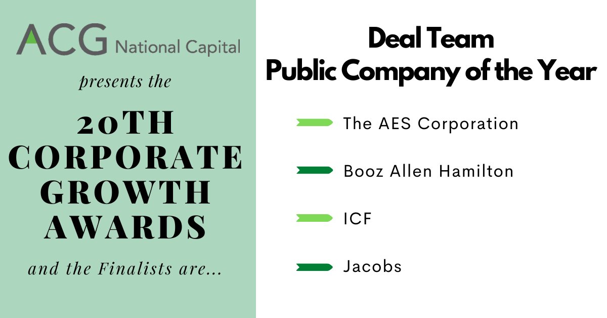 It's time to recognize the region's leading deal teams. The finalists for Deal Team of the Year: Public Company are: <a href="/TheAESCorp/">The AES Corporation</a>; <a href="/BoozAllen/">Booz Allen Hamilton</a>; <a href="/ICF/">ICF</a>; and <a href="/JacobsConnects/">Jacobs</a>. Best of luck to the finalists! bit.ly/3FY2uIS #growthawards22