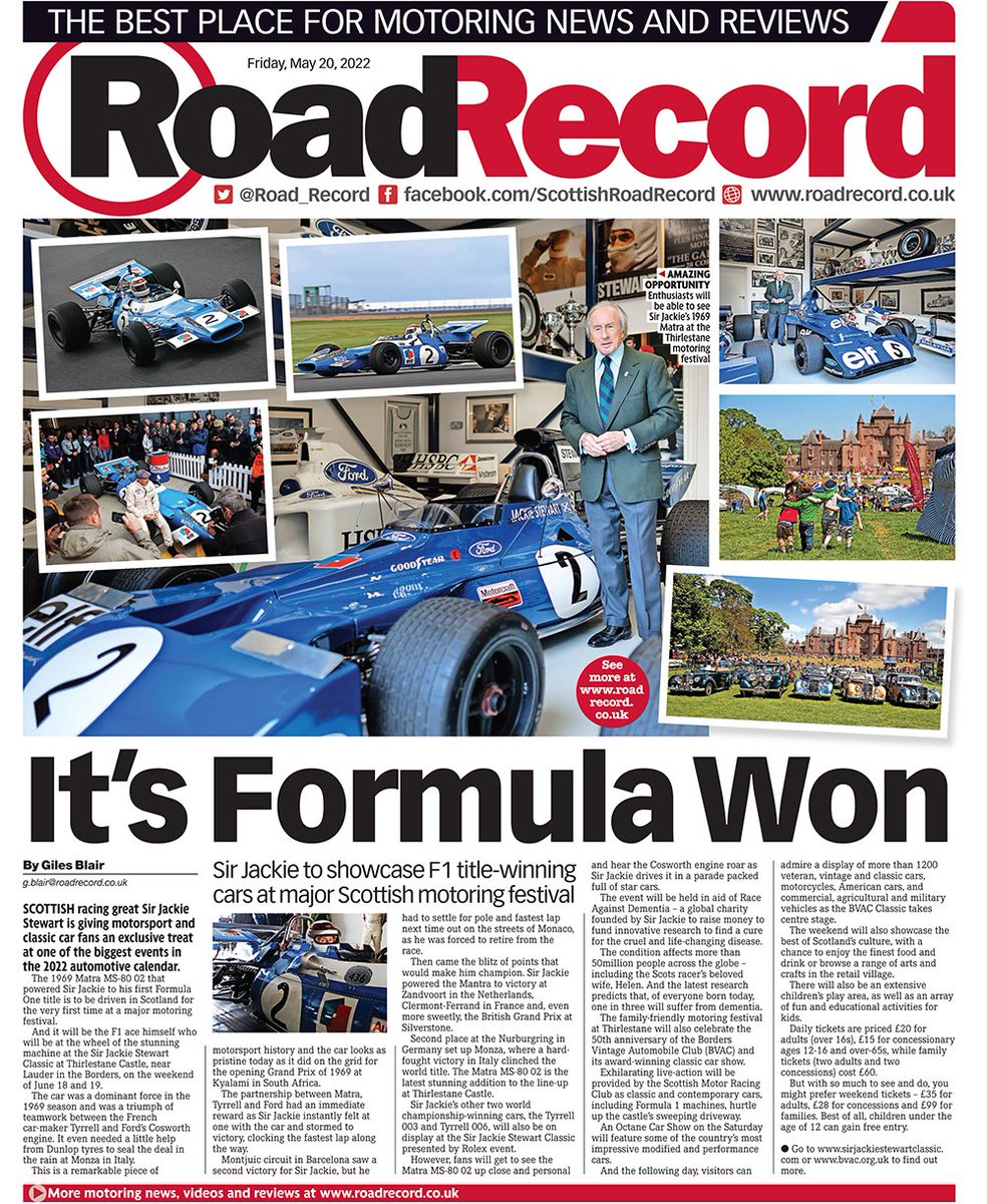 Motorsport and classic car fans are going to love tomorrow's Roadie as we feature the <a href="/SJYSClassic/">Sir Jackie Stewart Classic - presented by Rolex</a> and <a href="/BVACClassic/">Festival of Motoring</a> festival, <a href="/BonessRevival/">Bo'ness Revival</a> and Doune hillclimb, tons of racing and rallying, <a href="/EVA_Scotland/">EVA Scotland</a>, <a href="/Fastned/">Fastned</a> and <a href="/BMW/">BMW</a>. You'll find it all in the <a href="/Daily_Record/">The Daily Record</a>.
