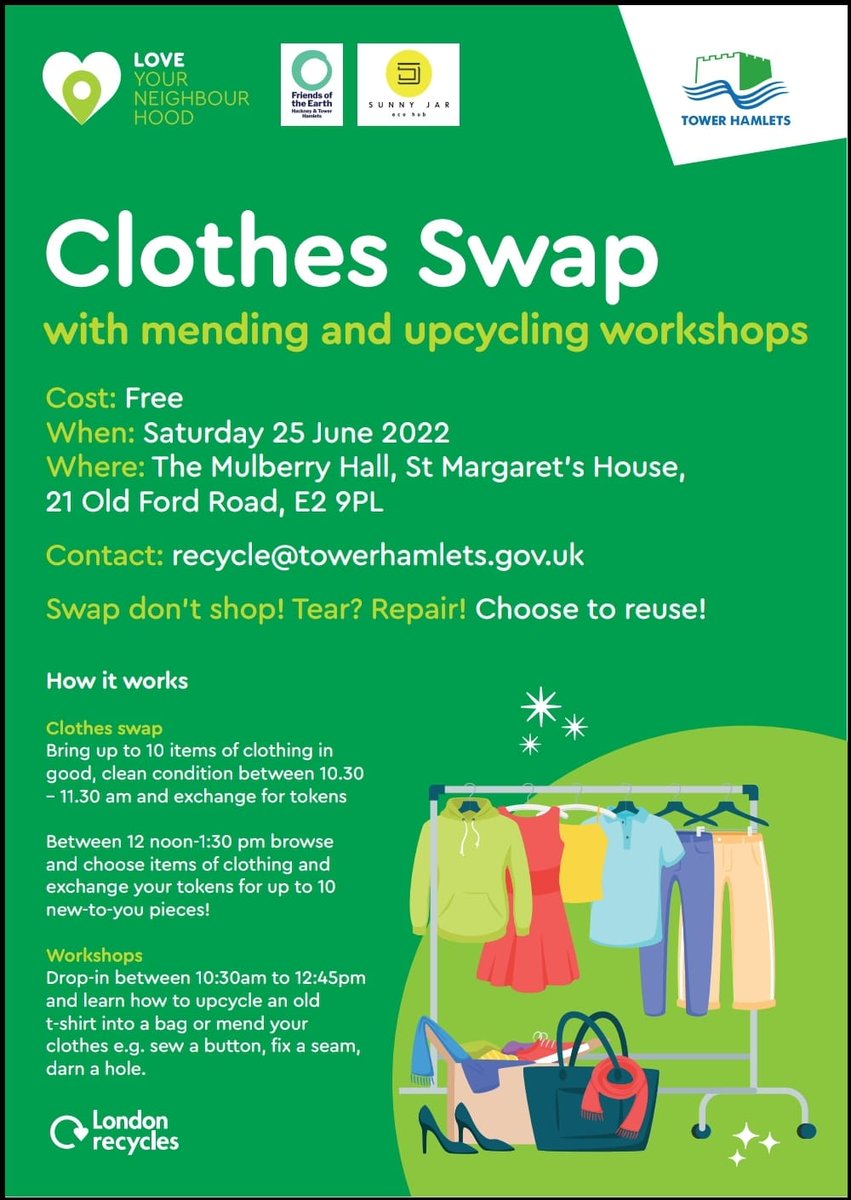 Mend, up-cycle and swap your clothes 12:00-13:30 on 25th June @ St Margaret's House in Bethnal Green! 

Hosted by @TowerHamletsNow @FoE_HTH and @sunnyjarecohub