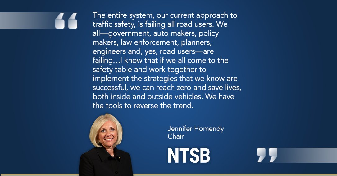 In a new #NTSB #blogpost, Chair Homendy expresses outrage over the early estimate for road fatalities, released by @NHTSAgov this week, that shows 42,915 people—117 people per day—died on the nation’s roads last year. Read the #blog: safetycompass.wordpress.com/2022/05/19/roa… #CommitToAct #NTSBmwl