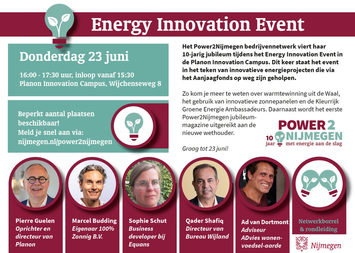 Power2Nijmegen viert haar 10-jarig jubileum 23 juni  16:00 uur tijdens het Energy Innovation Event bij Planon. Het event staat in het teken van energieprojecten die via het Aanjaagfonds op weg zijn geholpen. Beperkt aantal plaatsen. Meld je snel aan: bit.ly/3PwNAxx #P2N