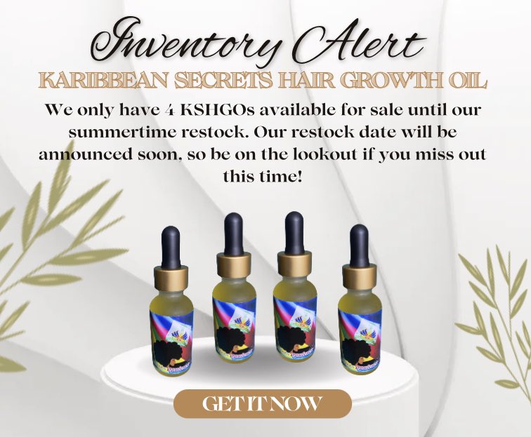 KaribbeanO's tweet photo. 🚨Inventory Alert🚨

We only have 4 Karibbean Secrets Hair Growth Oils remaining &amp; will not be restocking until July. 

If you miss out, be on the lookout for our restock 🗓 Thank you so much to both our loyal and new Karibbean Family‼️ https://t.co/XwD0dsGMSv