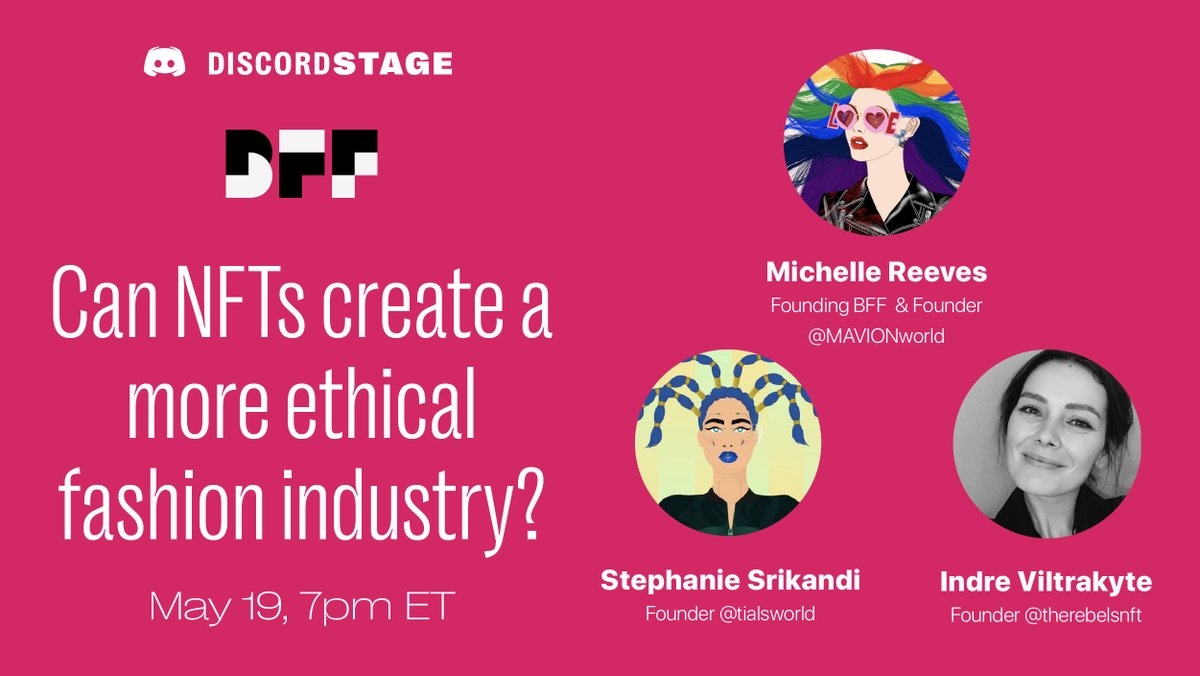 💭 Can NFTs play a role in creating a more ethical fashion industry?

Join our Discord Stage panel in 30 minutes to find out more. We'll be joined by the founders of <a href="/MAVIONworld/">MAVION</a>, <a href="/therebelsnft/">The Rebels by House of Kalinkin</a> &amp; <a href="/tialsworld/">TIALS.World | Sustainable Fashion Hub</a>! 

discord.com/events/8856171…