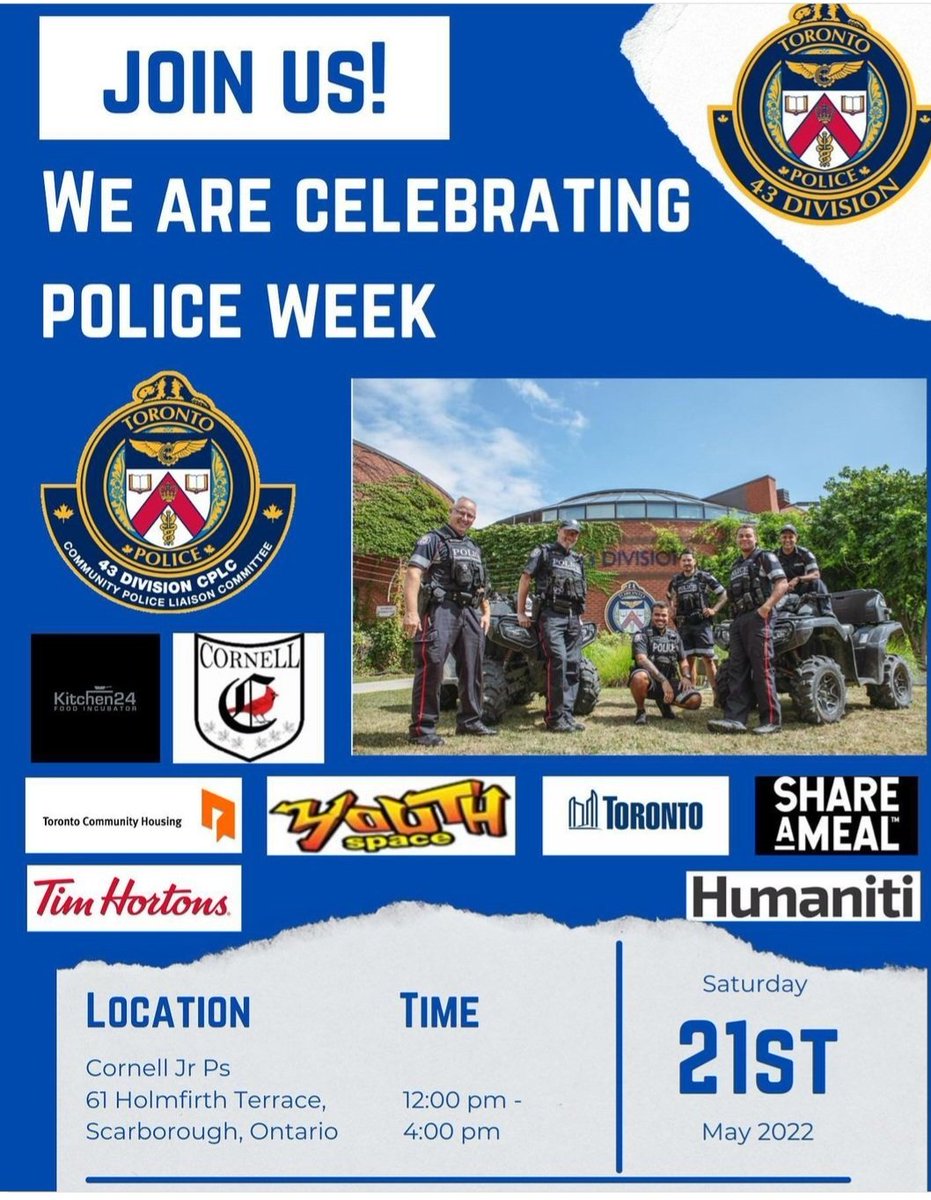 Calling on all Scarborough youth!!
Only 2 days away from a Police Week celebration! Make sure you're at Cornell PS on Saturday May 21st at noon!
We'll be playing hockey, football, basketball and ton of other fun stuff!! See you there! 👍
<a href="/TPS43Div/">43 Division</a> <a href="/MorningsideNCOs/">Morningside Neighborhood Community Officers</a> <a href="/TPSRydzik/">Dave Rydzik</a>