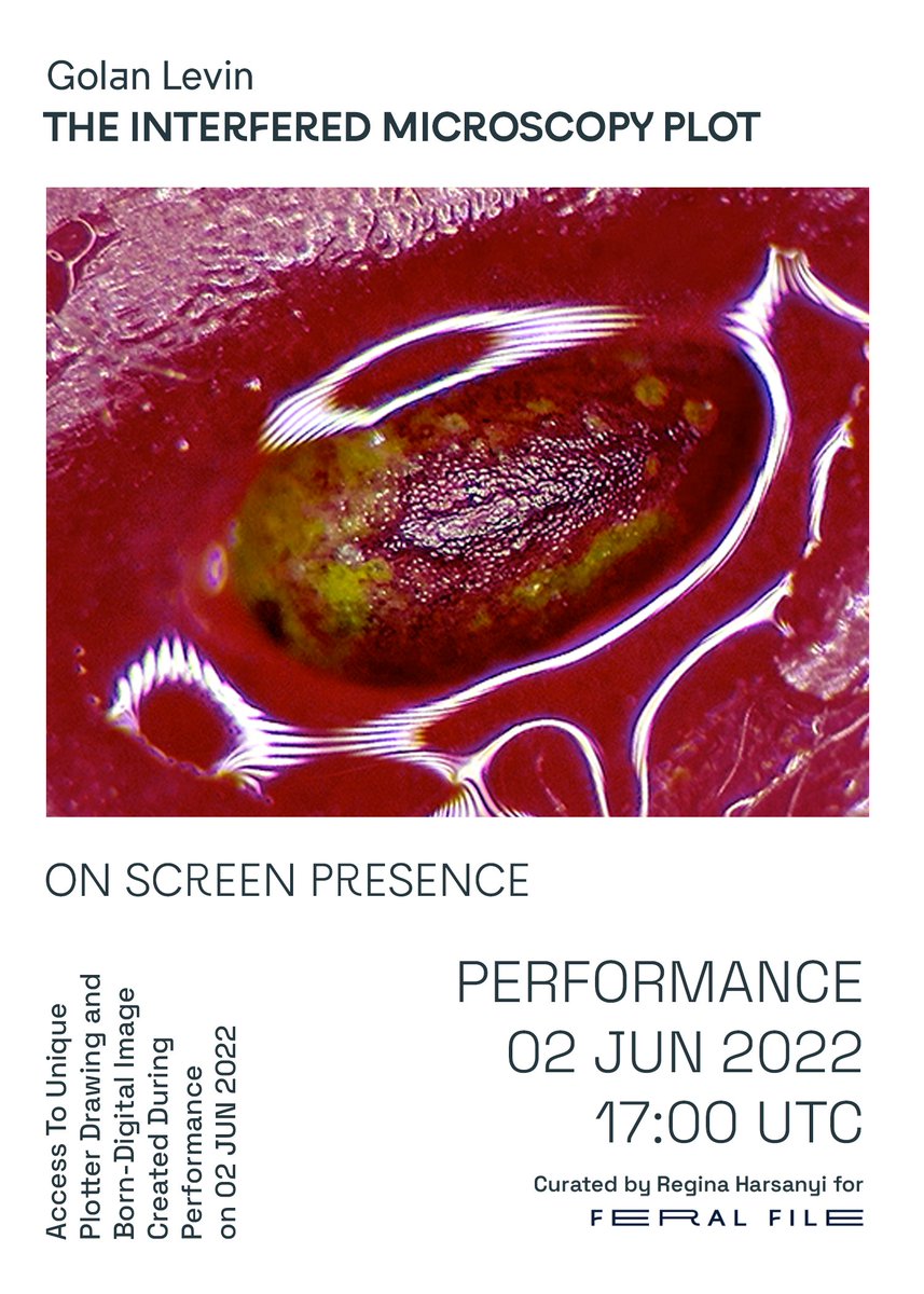 ReginaHarsanyi's tweet photo. Livestream Performance #4:
@golan
When: June 2nd, 2022 at 1pm EST
Where: https://t.co/aOJEDqiGz8
Access to editioned recordings go on pre-sale May 23rd at 10AM EST
Auction for plotter drawing and born-digital image begins June 2nd and ends June 3rd
#onscreenpresence https://t.co/TP34hcL44c