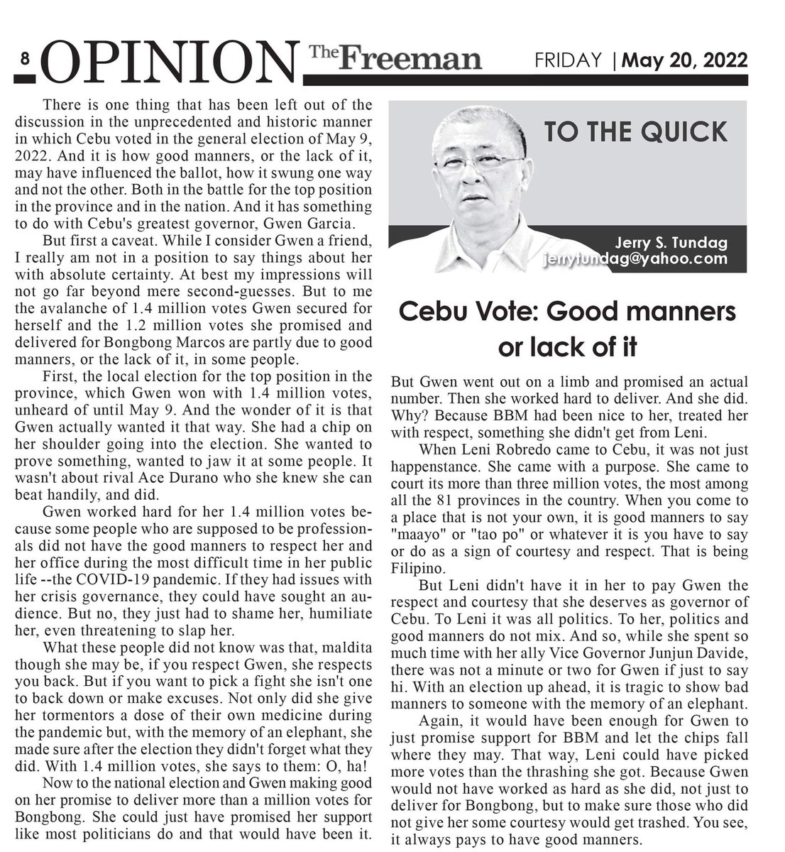 Gwen would not have worked as hard as she did, not just to deliver for #BBM, but to make sure those who did not give her some courtesy would get trashed. You see, it always pays to have good manners. @gwengarcia1ph #HalalanResults #Election2022PH #CEBU philstar.com/the-freeman/op…