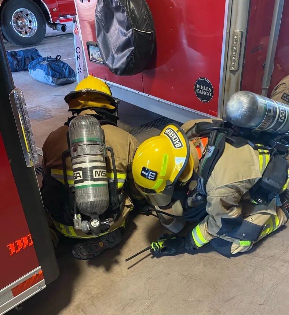 Engine/Squad 173 training on fireground awareness, hoseline management, and air conservation last Shift.  Any area inside or out at the Station is used to simulate a search &amp; rescue, and Fire attack with the Crew.