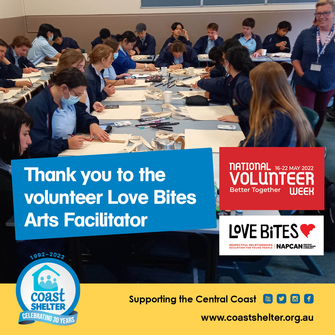 Thank you to our Volunteer Coast Shelter Love Bites Arts Facilitator for the 162 hours enhanced creative time in the classroom. Love Bites is an education program based on healthy relationships taught in our school communities. #NVW2022 <a href="/VolunteeringAus/">Volunteering Australia</a> #lovebites