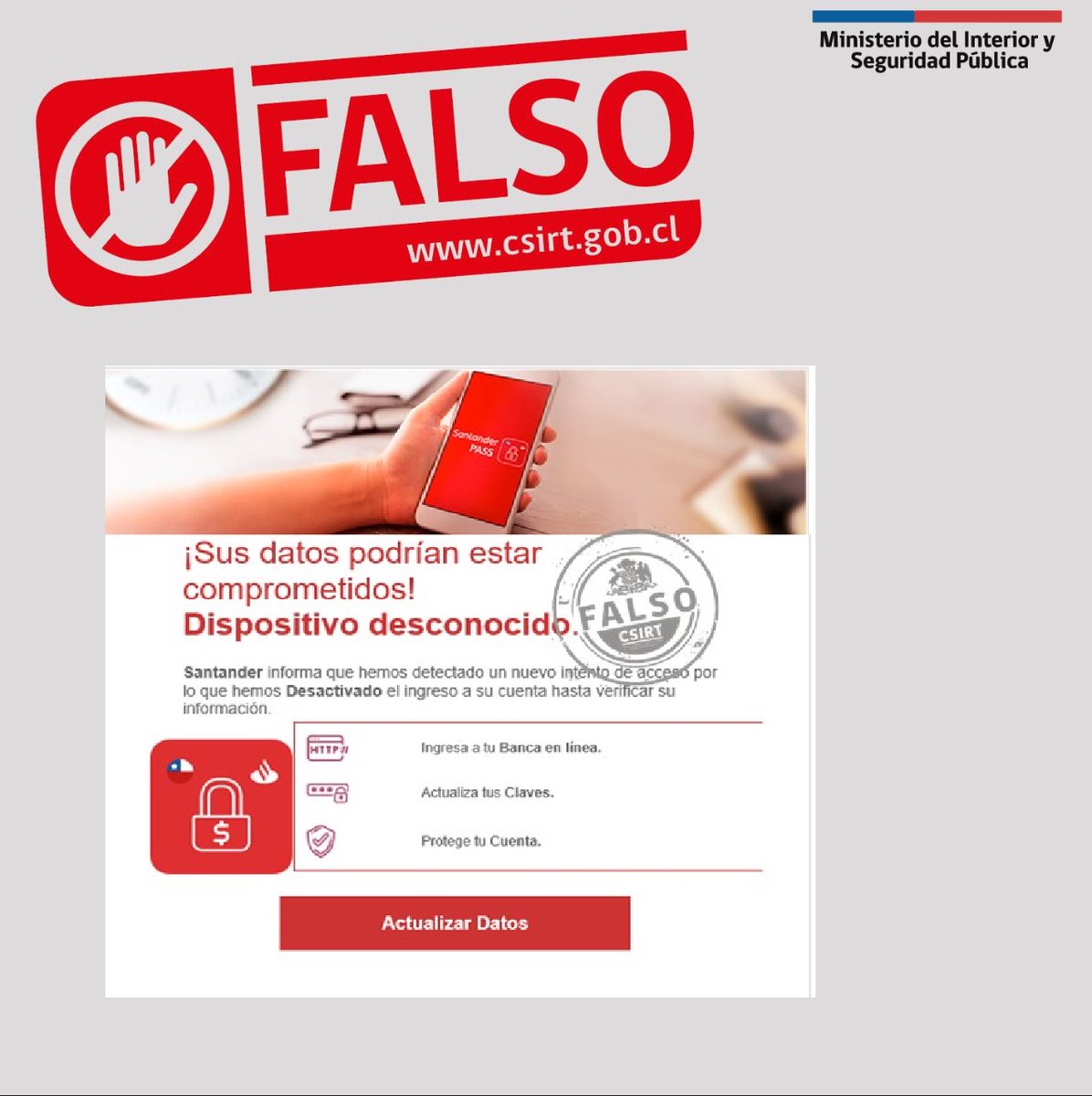 #CSIRTGob advierte #phishing que suplanta al <a href="/santanderchile/">Banco Santander Chile</a>. Más información aquí: csirt.gob.cl/alertas/8fph22…
Para más alertas y vulnerabilidades ingresa a csirt.gob.cl
#ciberseguridad