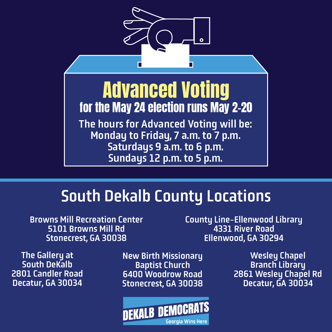 Tomorrow's the last day for early voting! We have primary elections that will determine who represents us -- from the Senate to the school board. Don't forget your ID. Visit dekalbvotes.com for more info.