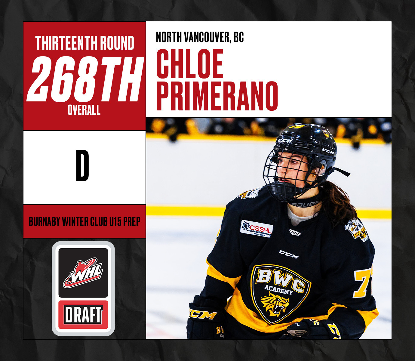 Vancouver Giants on X: 'With the 268th overall selection (Round 13) the  Vancouver Giants have selected 2007-born defender Chloe Primerano (North  Vancouver, BC) in the 2022 @TheWHL Prospects Draft. Chloe Primarano is