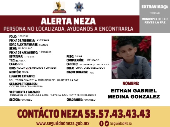 AlertaNeza's tweet photo. #AlertaNeza 🆘 | Solicitamos de tu apoyo para localizar a #Eithan Gabriel Medina González.
Cualquier información relacionada con su paradero, por favor comunícate al 55-5743-4343.
¡Comparte, tu ayuda es muy importante! https://t.co/sbfkkUvZpM