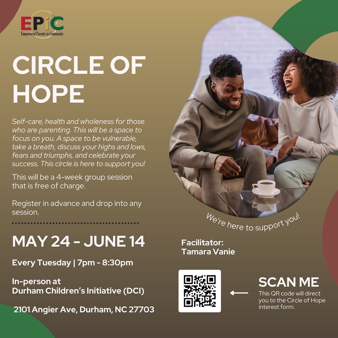 EPiC will be hosting another Circle of Hope! We’ll focus on self-care &amp; wholeness for those who are parenting. This will be a space to be vulnerable, take a breath, discuss your highs &amp; lows &amp; celebrate your success. We’re here to support you! 

Register: bit.ly/3kpPXo1