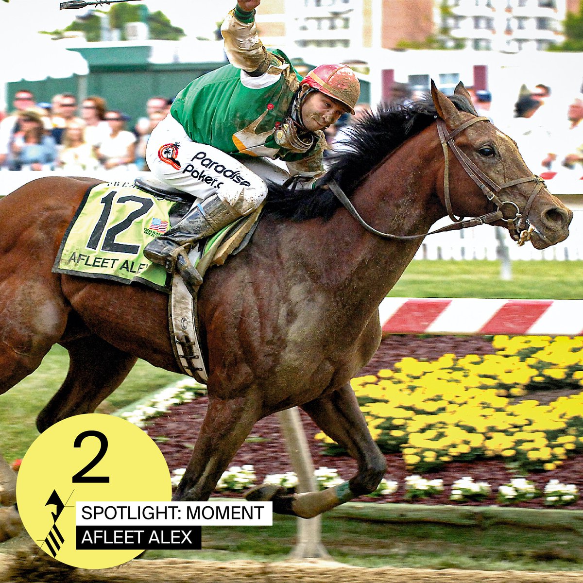 PreaknessStakes's tweet photo. Spotlight 2 shines on Afleet Alex's #Preakness130 victory. After stumbling at the top of the stretch, Afleet Alex recovered to win by 4 1/2 lengths. Do you remember his incredible win? #Spotlight47 #Baltimore1ST #SecondToNone https://t.co/r3a6Cy7vuo