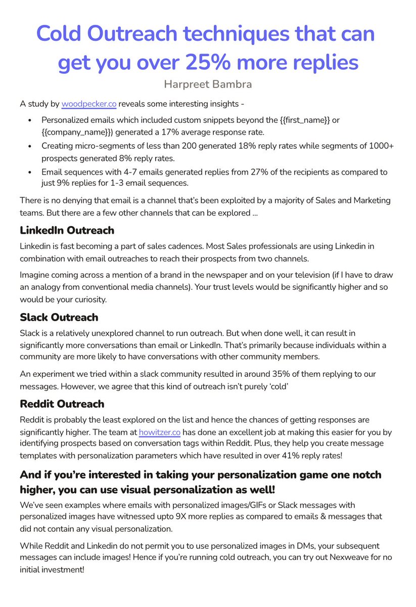 HarpNotion's tweet photo. Exploring cold outreach for the first time and skeptical about getting any replies?

Here is a compilation of studies done by @woodpeckerapp, @nexweave and @nikolak47 that can help you improve your reply rates on #coldoutreach through emails, #slack and #reddit

#ship30for30 https://t.co/orIDuva5dD