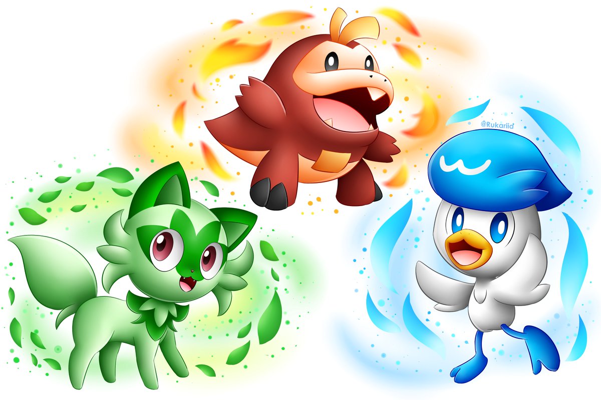 Rukariia's tweet photo. the starters of generation 9: sprigatito, fuecoco, and quaxly!  who will u choose in pokemon scarlet and violet? 🍃🔥💧

#PokemonScarletandViolet https://t.co/4eRpAgGWMr