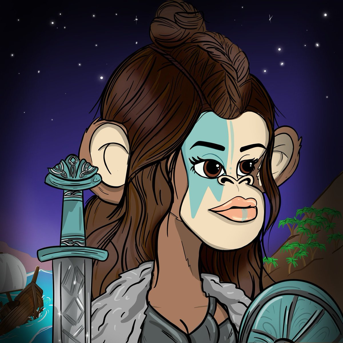 I’ve been obsessed with anything Viking related ever since I watched the last kingdom (<a href="/MackD89/">Golden Great Ape</a> recommended) as a holder of <a href="/BaeApes/">Bae Apes</a> I got this custom as a gift. LOOK AT HER SWORD! @eeee_x0 the talented artist 🥰 Phase 2 minting this weekend!