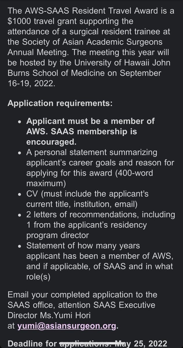INCOMING INTERNS &amp; CURRENT RESIDENTS:

Check out the travel scholarship below for the Society of Asian Academic Surgeons Annual Meeting!