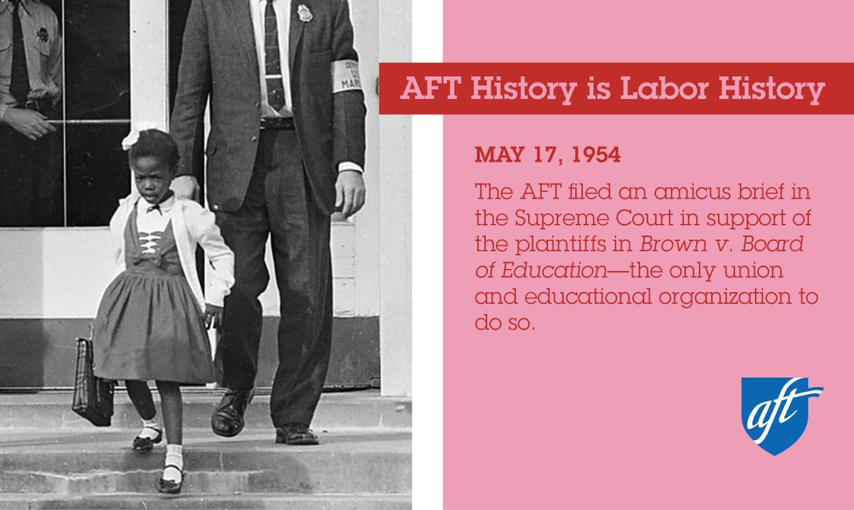 68 years ago, AFT wrote an amicus brief in support of the plaintiffs in Brown v. Board of Education. We were the only union to do so. ✊  

In honor of #LaborHistoryMonth, join AFT in celebrating our union's past and future by sharing these graphics.