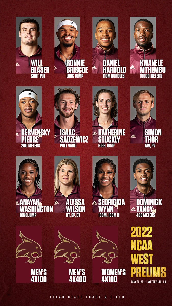 TXStateTrack's tweet photo. 👀👀👀

12 Bobcats + 3 relay teams qualified and selected for next week's #NCAATF West Preliminaries

#EatEmUp https://t.co/q9ULC80uu6