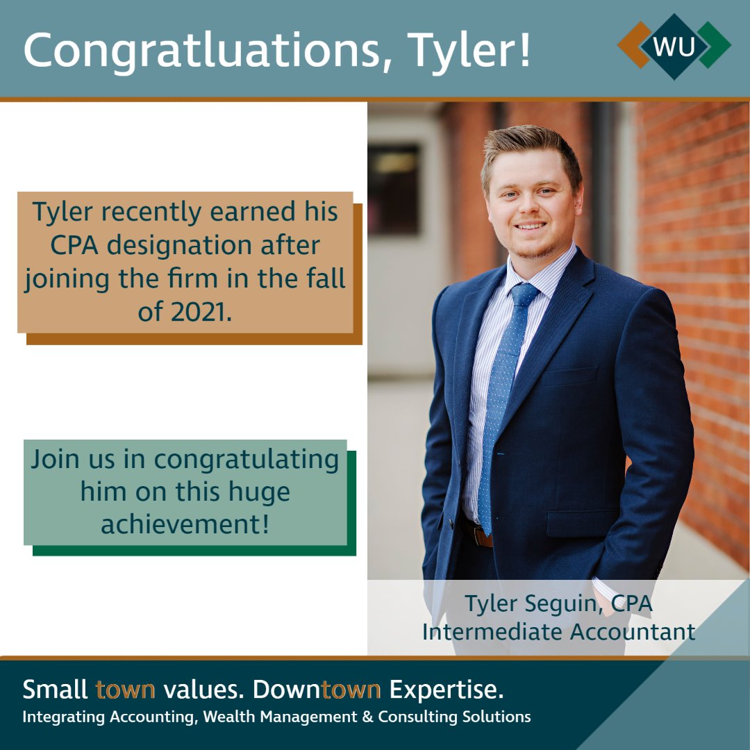 Ward_Uptigrove's tweet photo. Huge congratulations are in order for Tyler
Seguin, CPA.
Those three special letters were recently bestowed
upon him, and they were so very well earned.
Congratulations, Tyler!
#LifeatWandU #SmallTownValues #DowntownExpertise
#CPA https://t.co/FzcW5vfX9b