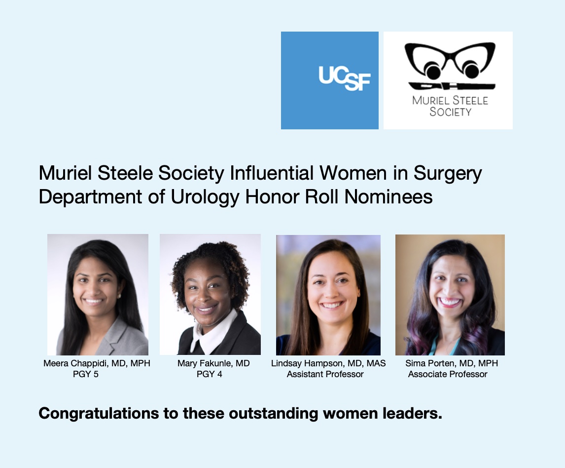 UCSFUrology (@ucsfurology) on Twitter photo Congratulations UCSF Department of Urology nominees for the fourth annual Muriel Steele Society Honor Roll!
This award celebrates influential and inspiring women in surgery and surgical sub-specialties.
<a href="/MeeraChappidi/">Meera Chappidi</a> #MaryFakunle <a href="/lindsayhampson/">Lindsay Hampson</a> <a href="/SimaPorten/">Sima Porten</a> <a href="/UCSFMSS/">Muriel Steele Society</a> Congratulations UCSF Department of Urology nominees for the fourth annual Muriel Steele Society Honor Roll!
This award celebrates influential and inspiring women in surgery and surgical sub-specialties.
<a href="/MeeraChappidi/">Meera Chappidi</a> #MaryFakunle <a href="/lindsayhampson/">Lindsay Hampson</a> <a href="/SimaPorten/">Sima Porten</a> <a href="/UCSFMSS/">Muriel Steele Society</a>