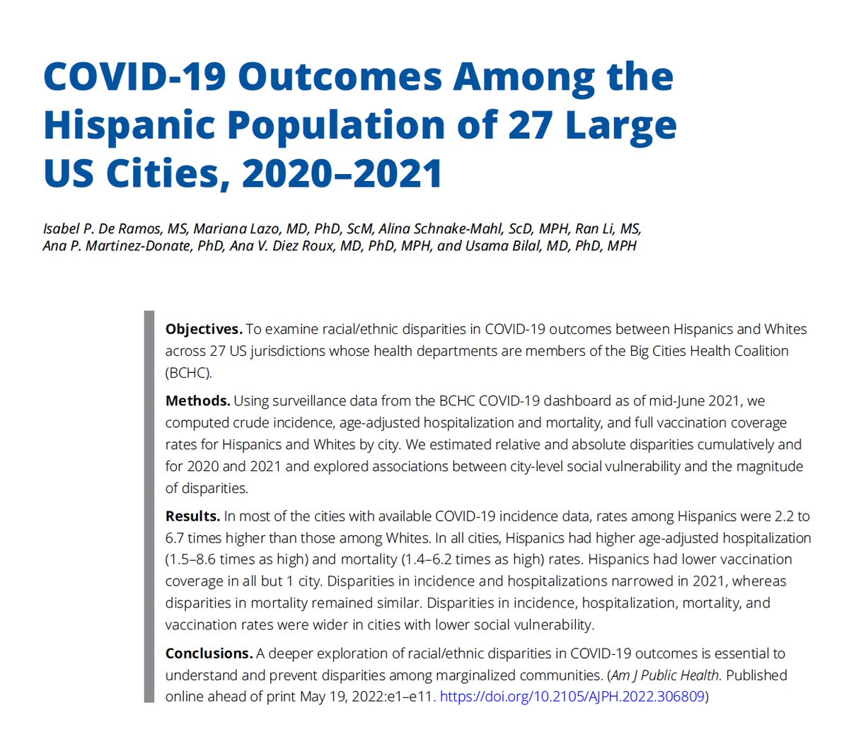 AMJPublicHealth's tweet photo. New in AJPH: Researchers find COVID-19 disparities in hospitalization rates, mortality rates, and vaccination coverage among Hispanic populations across 27 large cities in the US 

https://t.co/yaNLF4iiPm

@usama_bilal @alinasmahl @mariana_mlazo @adiezroux @amdonate https://t.co/EgXFe6YpWZ