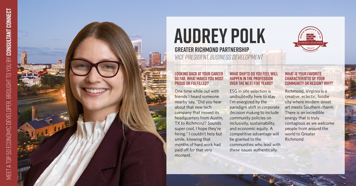 Consultant_CNCT's tweet photo. We head to Virginia as we recognize Audrey Polk, of @grpva as a #NATop50 2022 recipient. She describes the Greater Richmond area as “a creative, eclectic, foodie city where modern street art meets Southern charm.” Join us as we celebrate Audrey! #econdev #leadership https://t.co/OI3Fm9cbPA