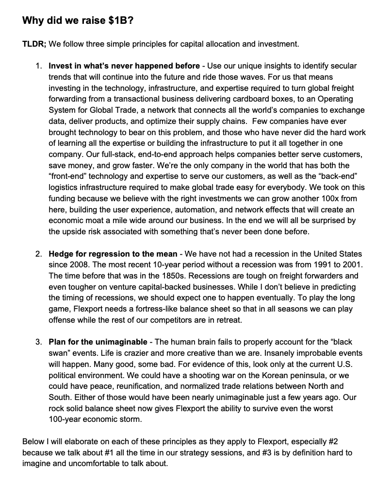 typesfast's tweet photo. Now seems like a good time to dust off the memo I sent to @flexport's team in early 2019 to explain why we raised a billion dollars of venture capital back then. Many of our employees and most of our existing investors thought it was too much dilution. https://t.co/bTIkITJO0w