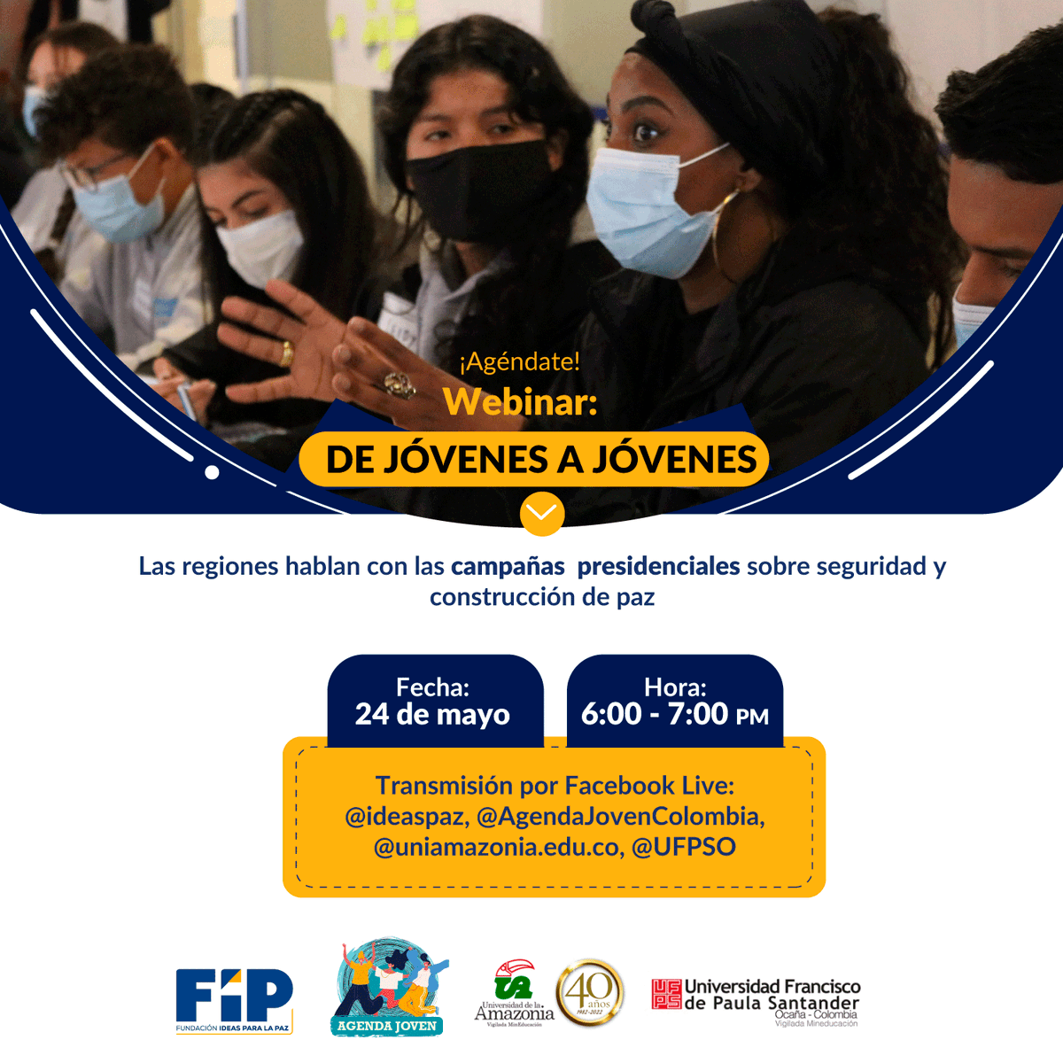 ideaspaz's tweet photo. #JóvenesXjóvenes| Los esperamos el próximo 24 de mayo, desde las 6:00pm.

Hablaremos sobre jóvenes, seguridad y construcción de paz con los coordinadores de juventudes de @FicoGutierrez , @petrogustavo , @ingrodolfohdez y @sergio_fajardo . 

¡Inscríbete!
👉https://t.co/OvtDTEtmzp https://t.co/xi2yWi6bQd