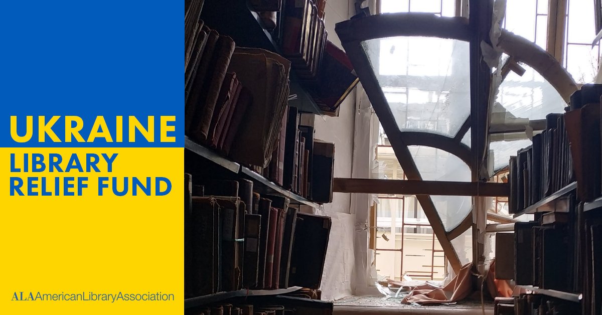 A smashed window and library books in disarray at the Central Scientific Library of Karazin at Kharkiv National University. Ukraine Library Relief Fund. American Library Association. 