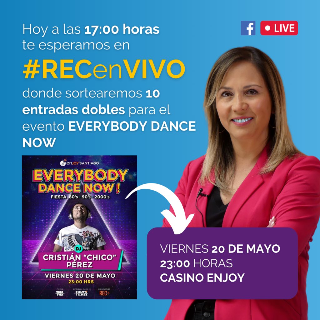RECTV13's tweet photo. ¡Ojo chiquillos, que el #RECenVivo de hoy se viene con todo 😊❤️🎁! Incluyendo 10 entradas dobles para el evento de @chico_perez “Everybody dance now” y muchos más 🥰🎉. Conéctate a las 17 hrs a través de nuestro fanpage de Facebook 😉 
Conduce @edithdelarosa 🎙❤️ https://t.co/zy2KIUBkSI