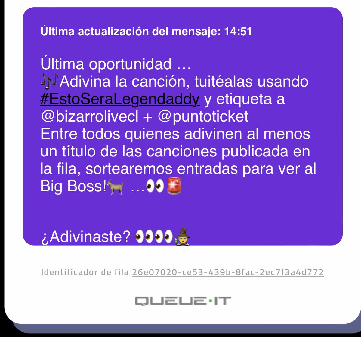 CvtaPaz's tweet photo. @puntoticket @bizarrolivecl Mírame, mírame
Ojos brujos mátame
Que quiero sentirte
Ya llego tu ganster…🎶🐐 #EstoSeraLegendaddy @puntoticket @bizarrolivecl 🍀seguimos para poder ir a verte big boss💖 te amamoooooos🐐💖 https://t.co/ttWpwlmYEY