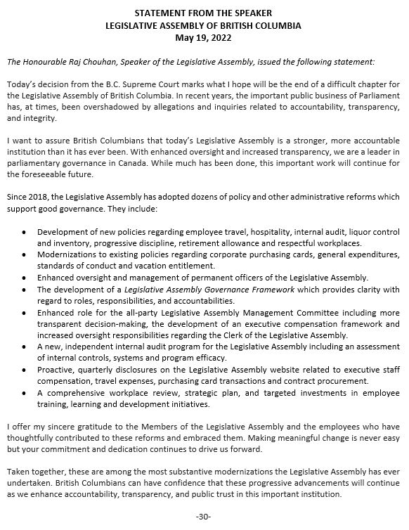 BCLegislature's tweet photo. Statement from @BCLegSpeaker, Hon. Raj Chouhan, following the judgment of Associate Chief Justice Holmes of the Supreme Court of British Columbia. ⬇️

#BCLeg #BCpoli https://t.co/p0He36UPqw