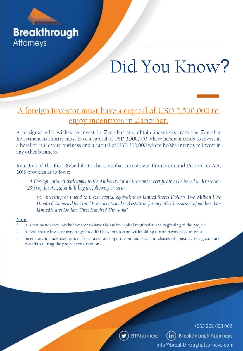 BTAttorneys's tweet image. On this week's #LegalTipsThursday, our Corporate Commercial Department gives you a Tip on investment incentives in Zanzibar.

#DidYouKnow a foreign investor must have a capital of USD 2,500,000 to enjoy investment incentives in Zanzibar?

#LTT #BreakthroughAttorneys #Tax #Taxlaw