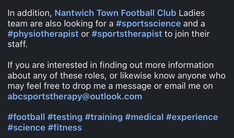 *Recruiting* 
I am looking to recruit someone to join myself at <a href="/TheDabbers/">Nantwich Town FC</a> Men’s 1st Team Medical Science Team.
Also @NantwichLadies are also on the lookout for staff to join their coaching team 

See images for info 
#physiotherapy #sportstherapy #rehabilitation #sportsscience