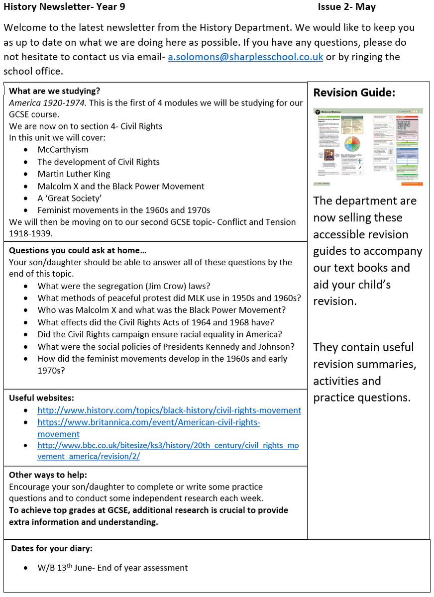 MrsSolomons15's tweet photo. These are our GCSE History newsletters for parents. I've found that these are an effective way to keep parents up to date on what we're studying each half term and how they can support their children. We haven't used them since pre covid, but I'm bringing them back next HT! https://t.co/sKnrCLJxQy