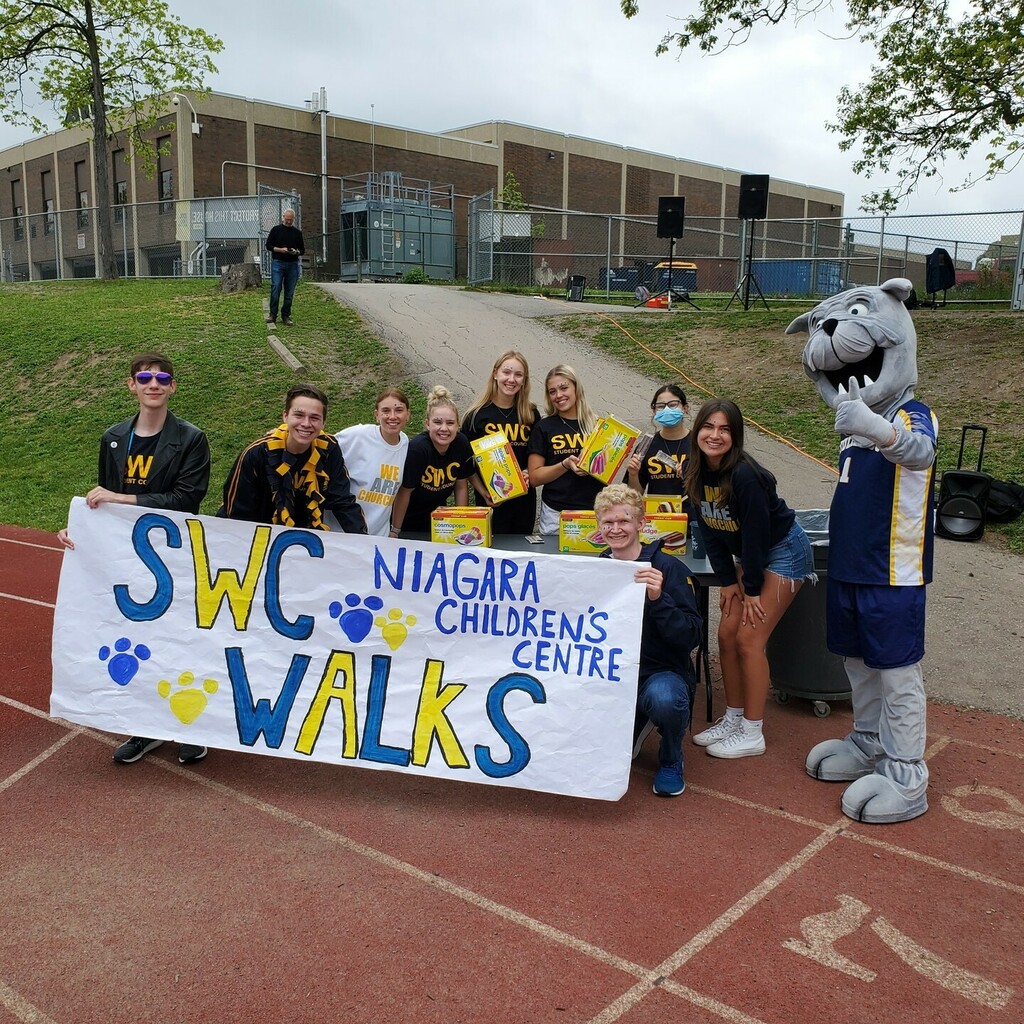 SWCDog_Pound's tweet photo. What a great day for Sir Winston Walks. The track was packed with students all walking to support the Niagara Children's Centre. Bulldogs make a difference!!! https://t.co/3fTLD3oKm6