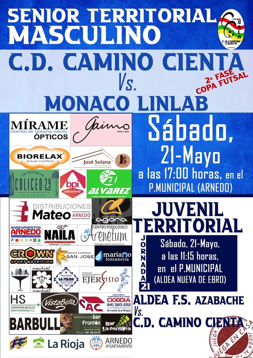 Con los juegos deportivos ya terminados, vamos a por un fin de semana muy interesante. El SENIOR SE LA JUEGA, PARA METERSE EN LA FINAL DE LA COPA DE LA LIGA CONTRA <a href="/ClubDepMonaco/">Club Deport. Mónaco</a>, Y EL JUVENIL SE JUEGA EL SEGUNDO PUESTO DE SU LIGA Regular CONTRA <a href="/ALDEA/">Royal Paris</a> F.S.
Mucha suerte chicos!!!