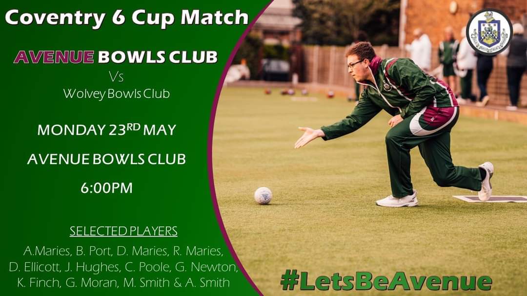 Date for your diary. 📅

Avenue Leamington 🆚 Wolvey
📆 Monday 23rd May
⏰ Start 6:00pm
📍 Avenue Bowls Club

🗣 Come down to the club and cheer the club on 😎

Don't forget to Like 👍 Share➡️ &amp; Follow🔔 to be notified of all updates!
#LetsBeAvenue #Cov6League #2022competitions