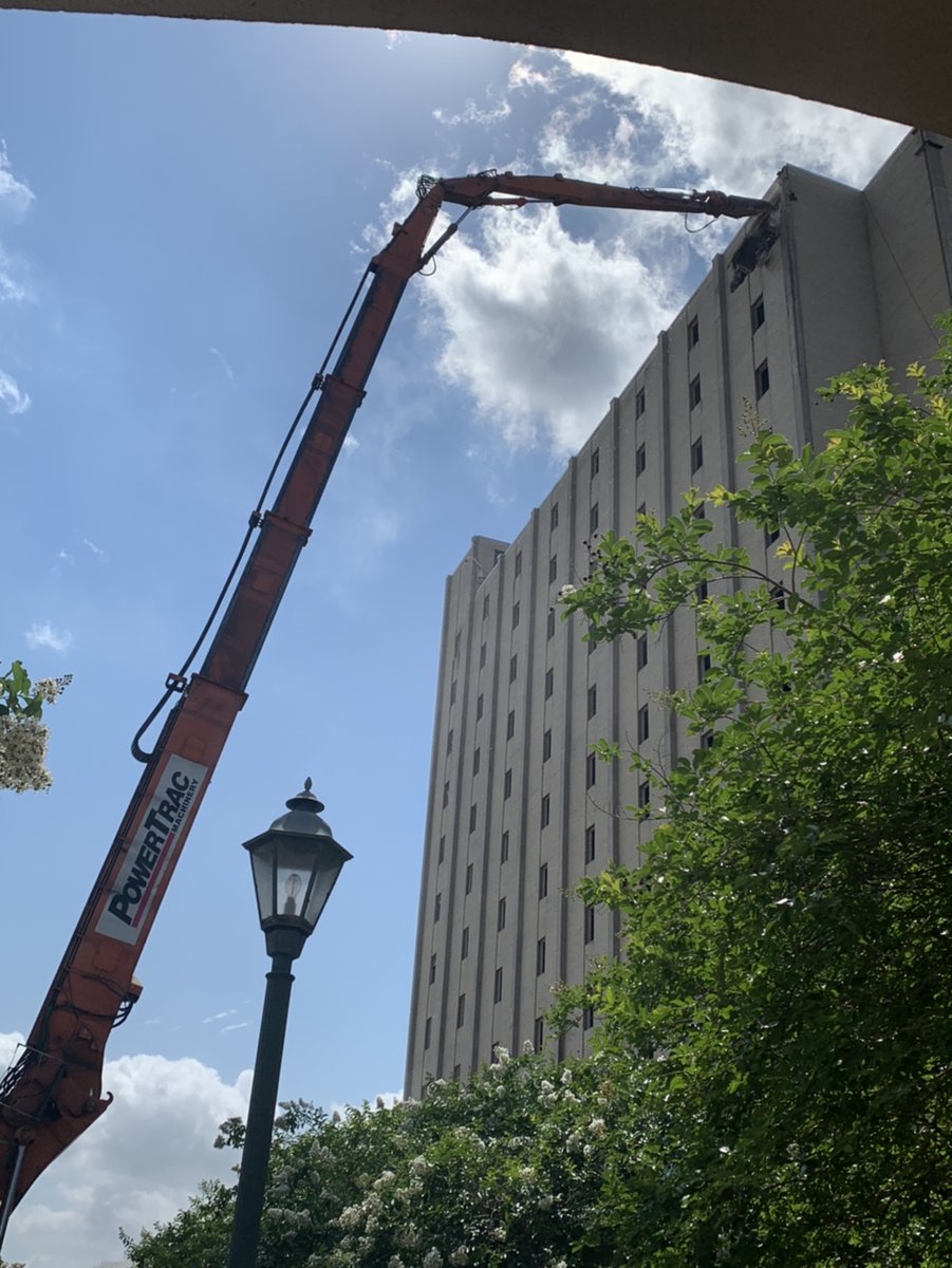 LSUResLife's tweet photo. The time has finally come...the first pieces of Kirby Smith Hall came down today. Reserve your commemorative Kirby Smith brick today in support of the #LSU Student Emergency Support Fund. https://t.co/pK6uBE5deU @LSU #kirby #kirbysmith #byebyebye #demo #goingdownforreal https://t.co/XR2iCoVzh2